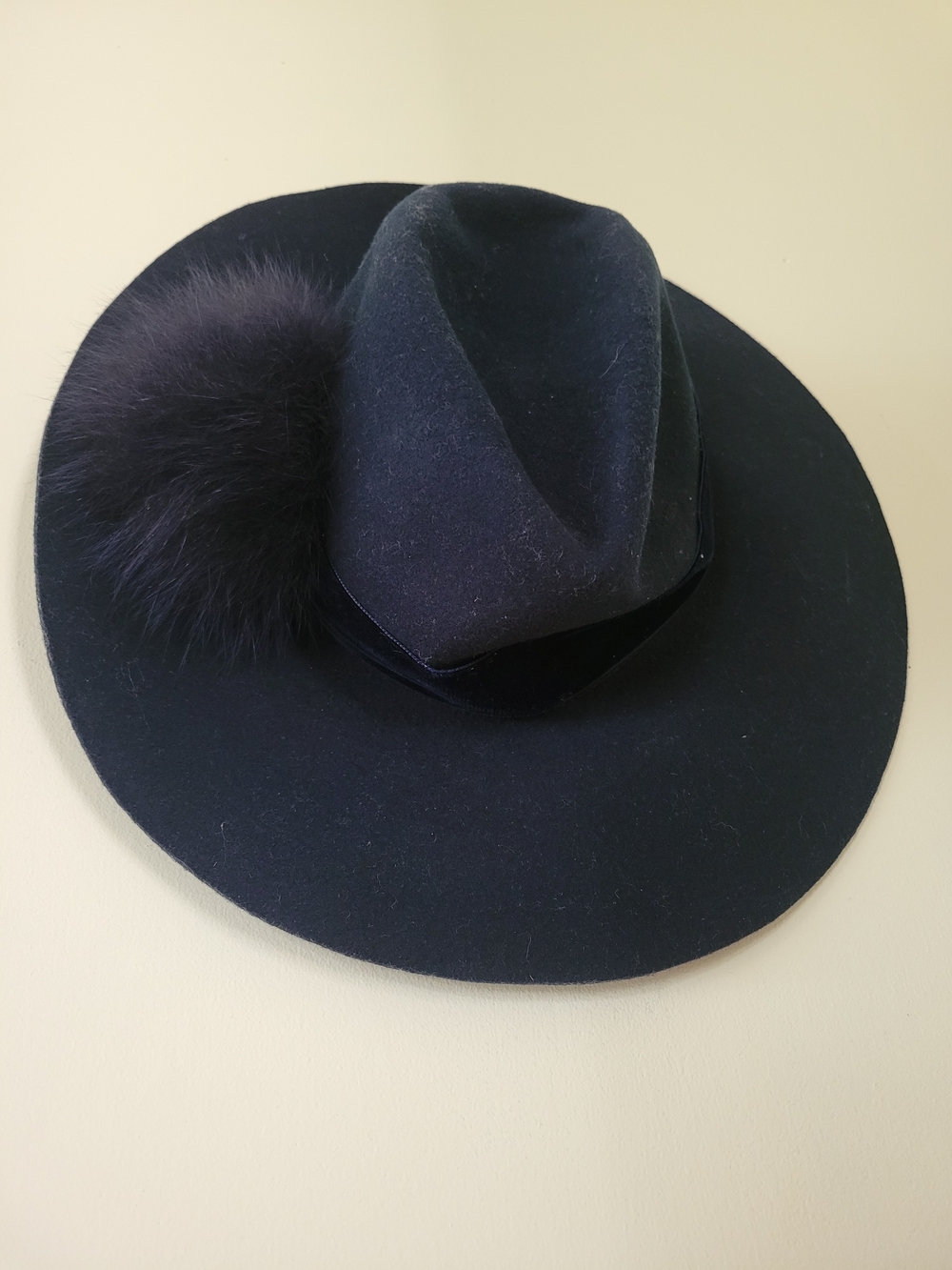 Hat Attack Women’s Navy Wool Fedora Hat with Fur Pom Pom